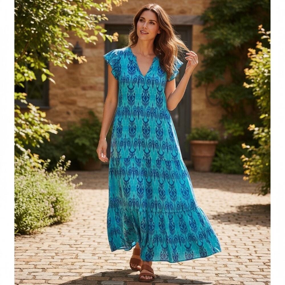 Anthropologie La Plage Bailey Tiered Maxi Sun Dress Batik leaf Blue Boho chic XS